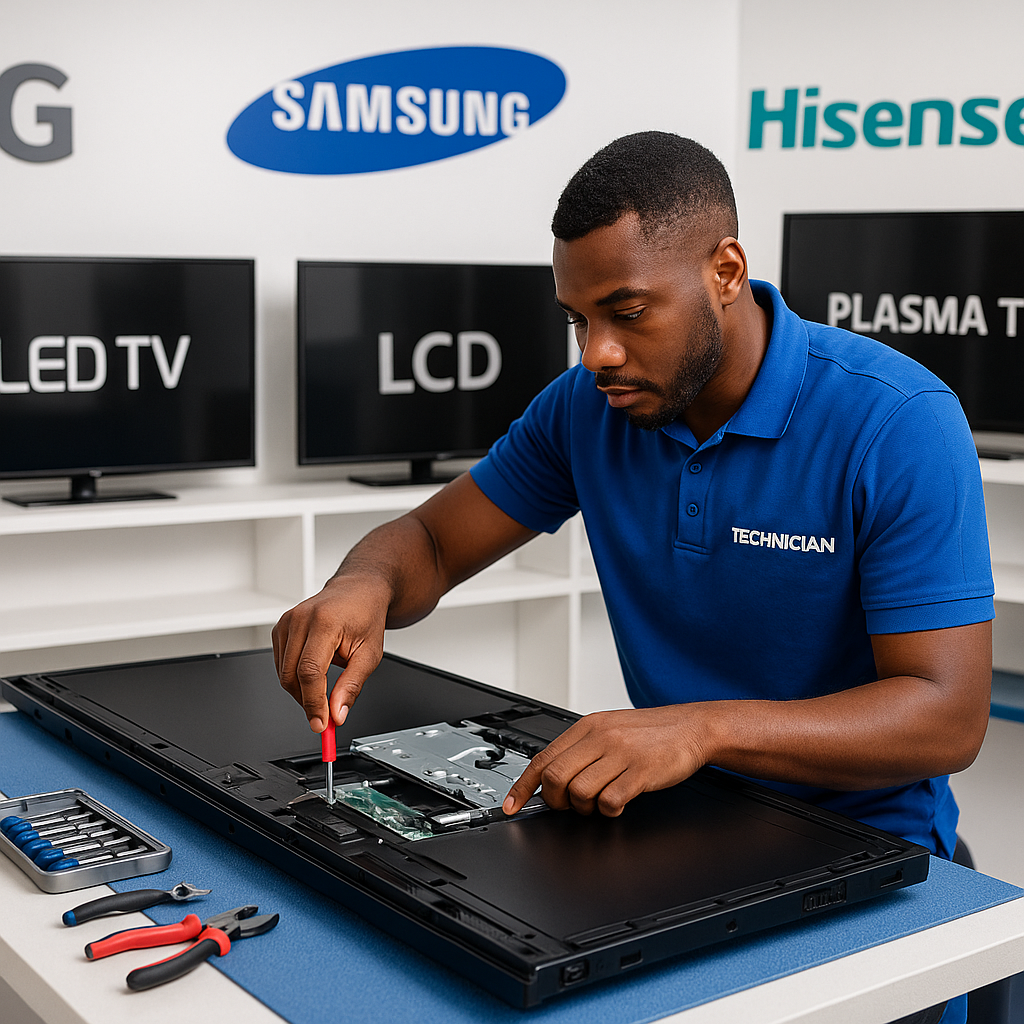 Professional TV repair services with COF bonding machine for LG, Samsung, Hisense, Maxi TVs in Uyo
